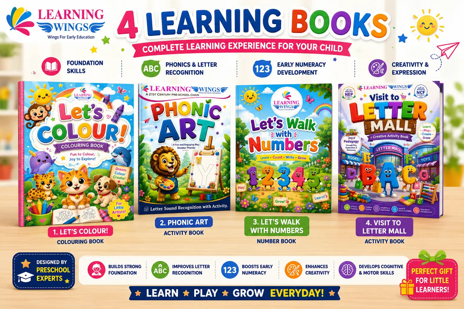 Promotional graphic for Learning Wings showing four colorful children's learning books: 'Let's Colour!', 'Phonic Art', 'Let's Walk with Numbers', and 'Visit to Letter Mall', with text highlighting educational benefits and a 'Perfect Gift for Little Learners' badge.