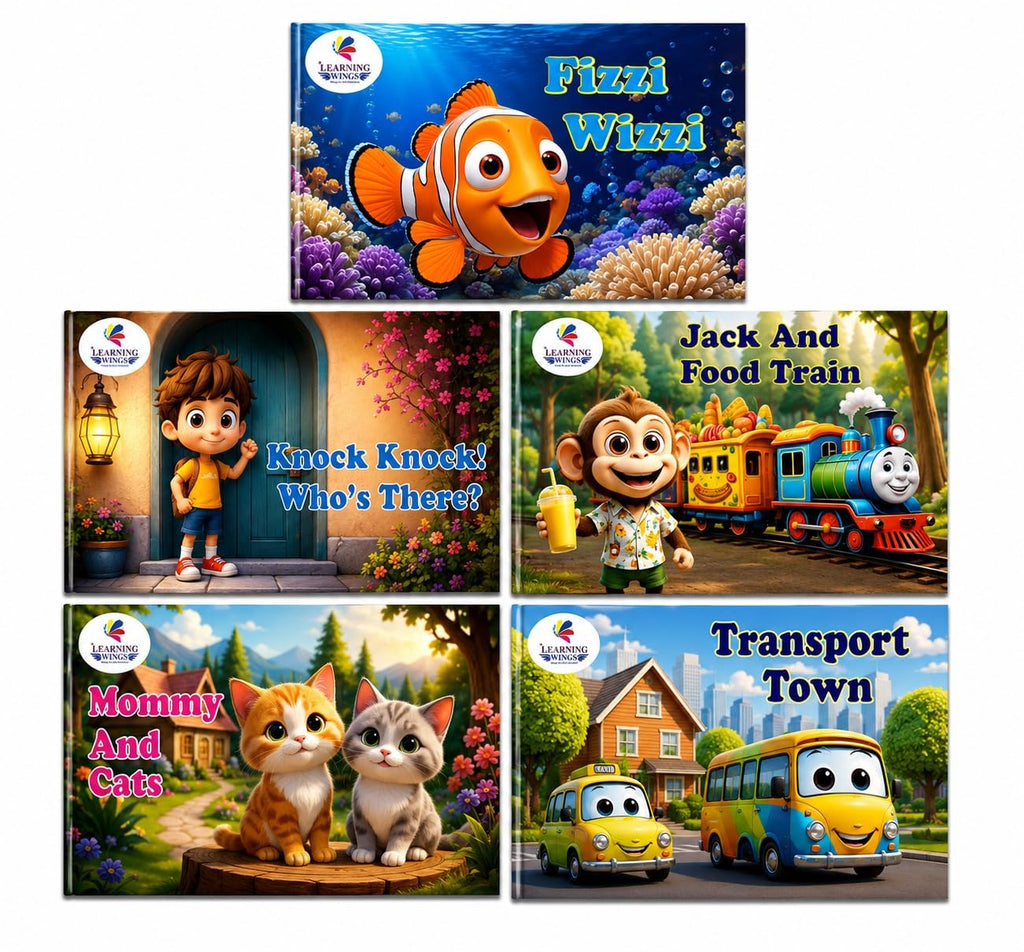 Kids Story Books Set of 5 for Ages 2-4 Years | Fizzi Wizzi, Knock Knock! Who's There?, Jack and Food Train, Monkey and Cats & Transport Town | Picture Books