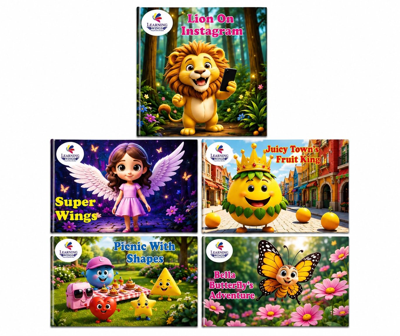 Children's Story Books Set of 5 for Ages 3-8 Years | Moral Stories, Reading & Imagination | Lion on Instagram, Super Wings, Fruit King, Shapes & Butterfly Story