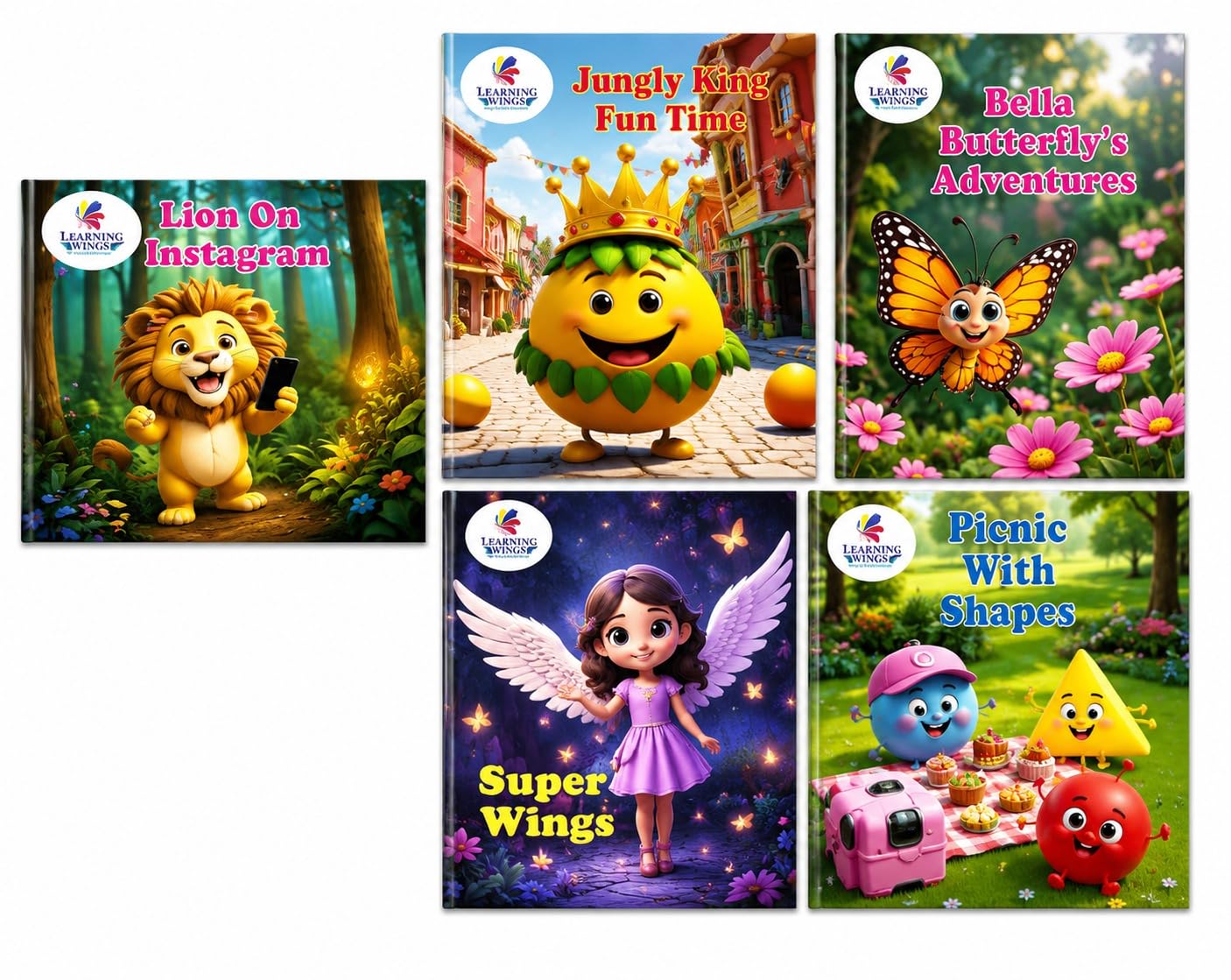 Children's Story Books Set of 5 for Ages 3-8 Years | Moral Stories, Reading & Imagination | Lion on Instagram, Super Wings, Fruit King, Shapes & Butterfly Story