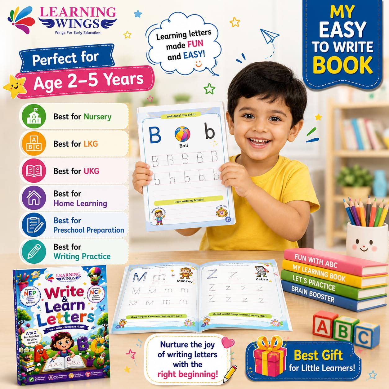 Learning Wings Write & Learn Letters Book for Kids 3-5 Years | Alphabet Tracing Workbook | Letter Recognition & Writing Practice | Easy-to-Trace Preschool Learning Book