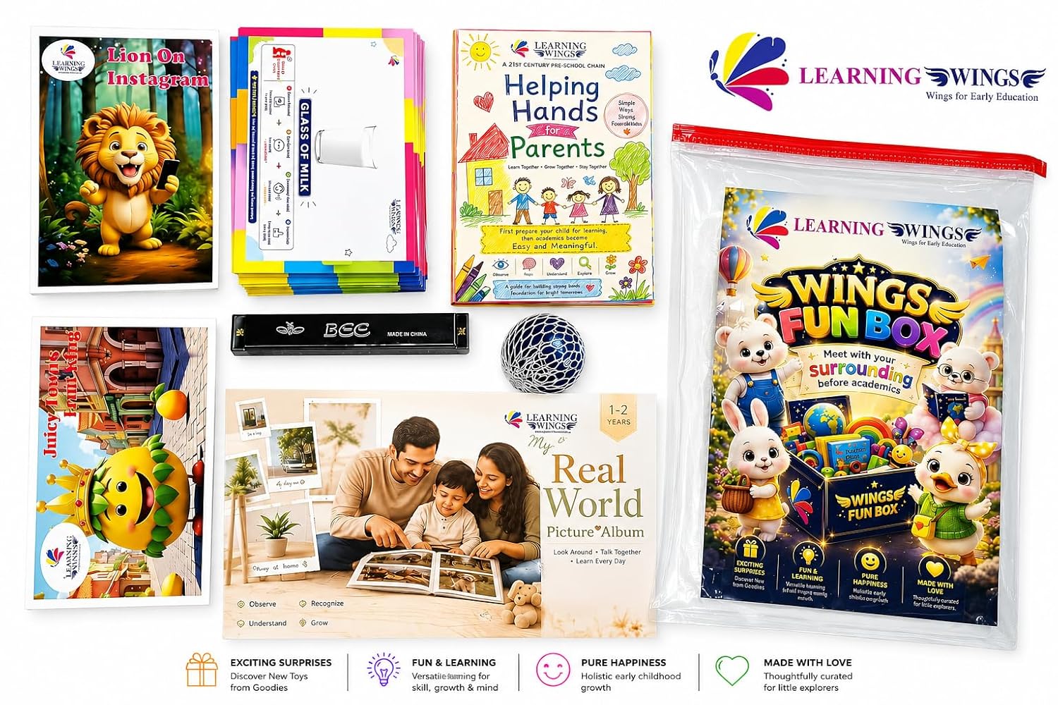 Learning Wings Fun Box for Toddlers 1-3 Years | Early Learning Activity Kit | Sensory Toys, Vocabulary Cards & Picture Book | Brain Development & Fine Motor Skills
