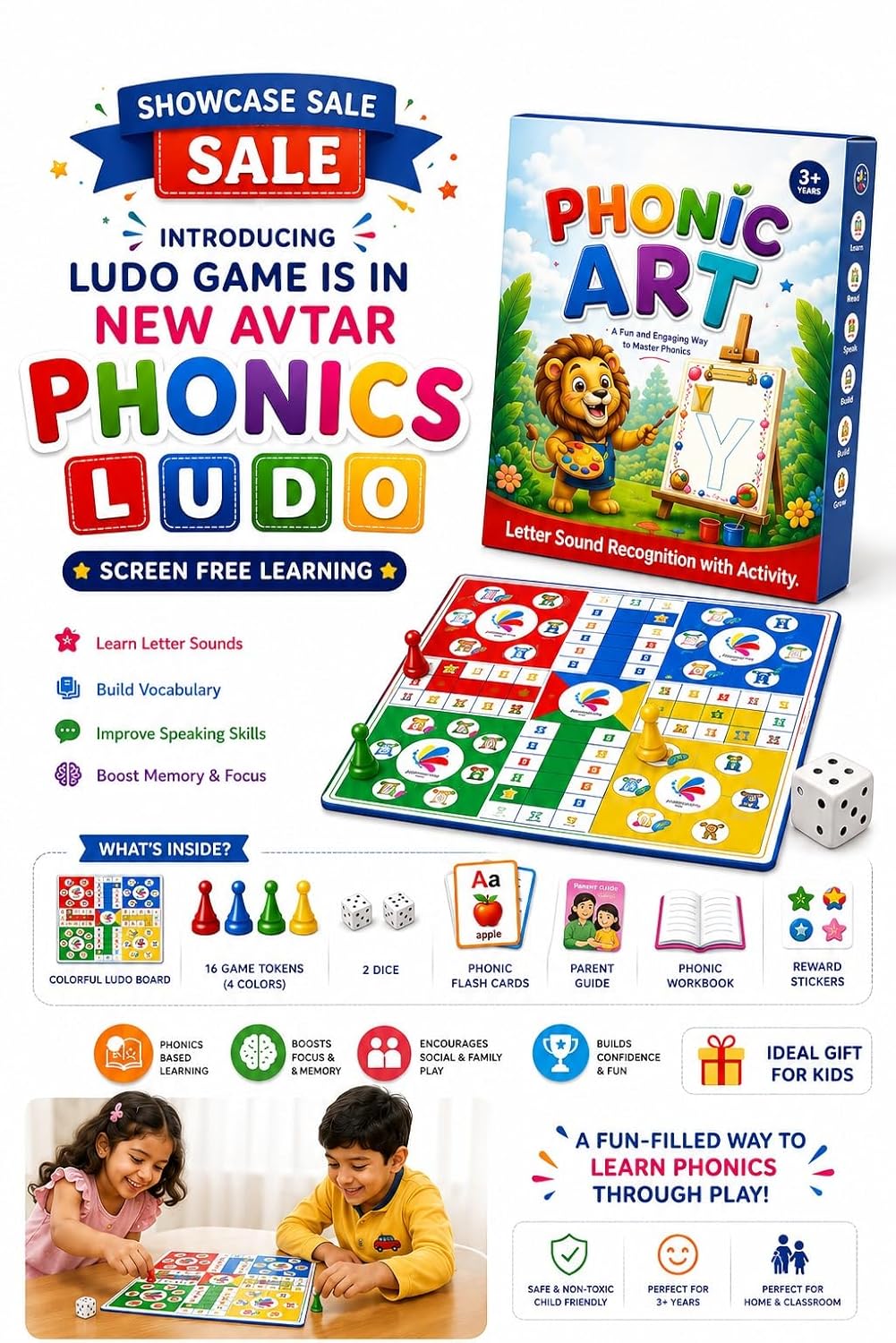 Phonics Ludo Game for Kids 3-7 Years | Learn Phonics, Letter Sounds, Blending, Reading & Vocabulary Through Play | Educational Board Game | Screen-Free Learning Toy