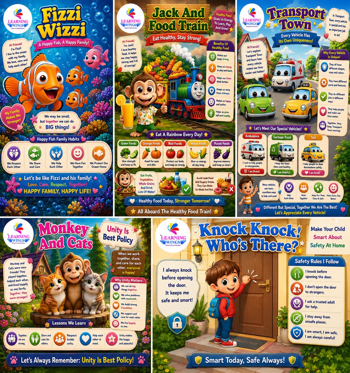 Kids Story Books Set of 5 for Ages 2-4 Years | Fizzi Wizzi, Knock Knock! Who's There?, Jack and Food Train, Monkey and Cats & Transport Town | Picture Books