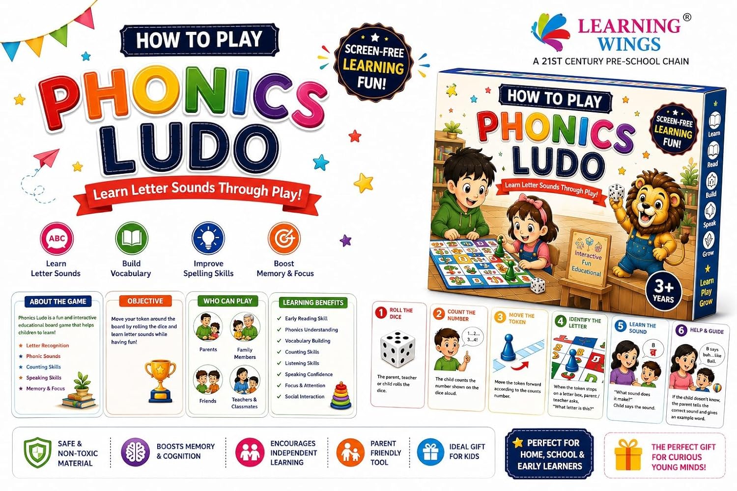Phonics Ludo Game for Kids 3-7 Years | Learn Phonics, Letter Sounds, Blending, Reading & Vocabulary Through Play | Educational Board Game | Screen-Free Learning Toy