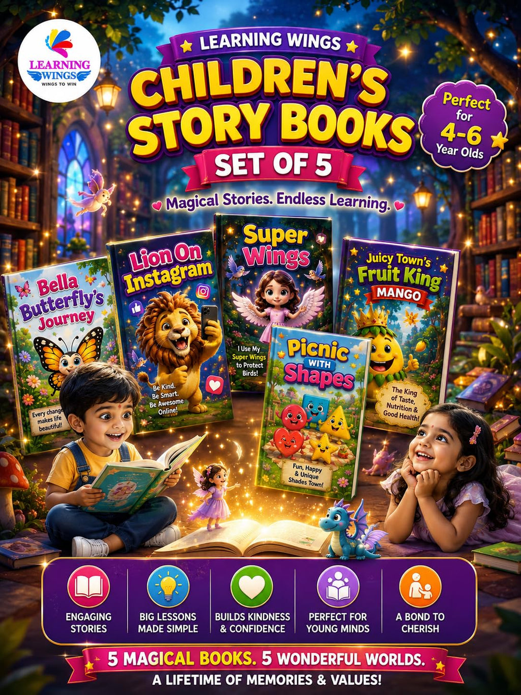 Children's Story Books Set of 5 for Ages 3-8 Years | Moral Stories, Reading & Imagination | Lion on Instagram, Super Wings, Fruit King, Shapes & Butterfly Story