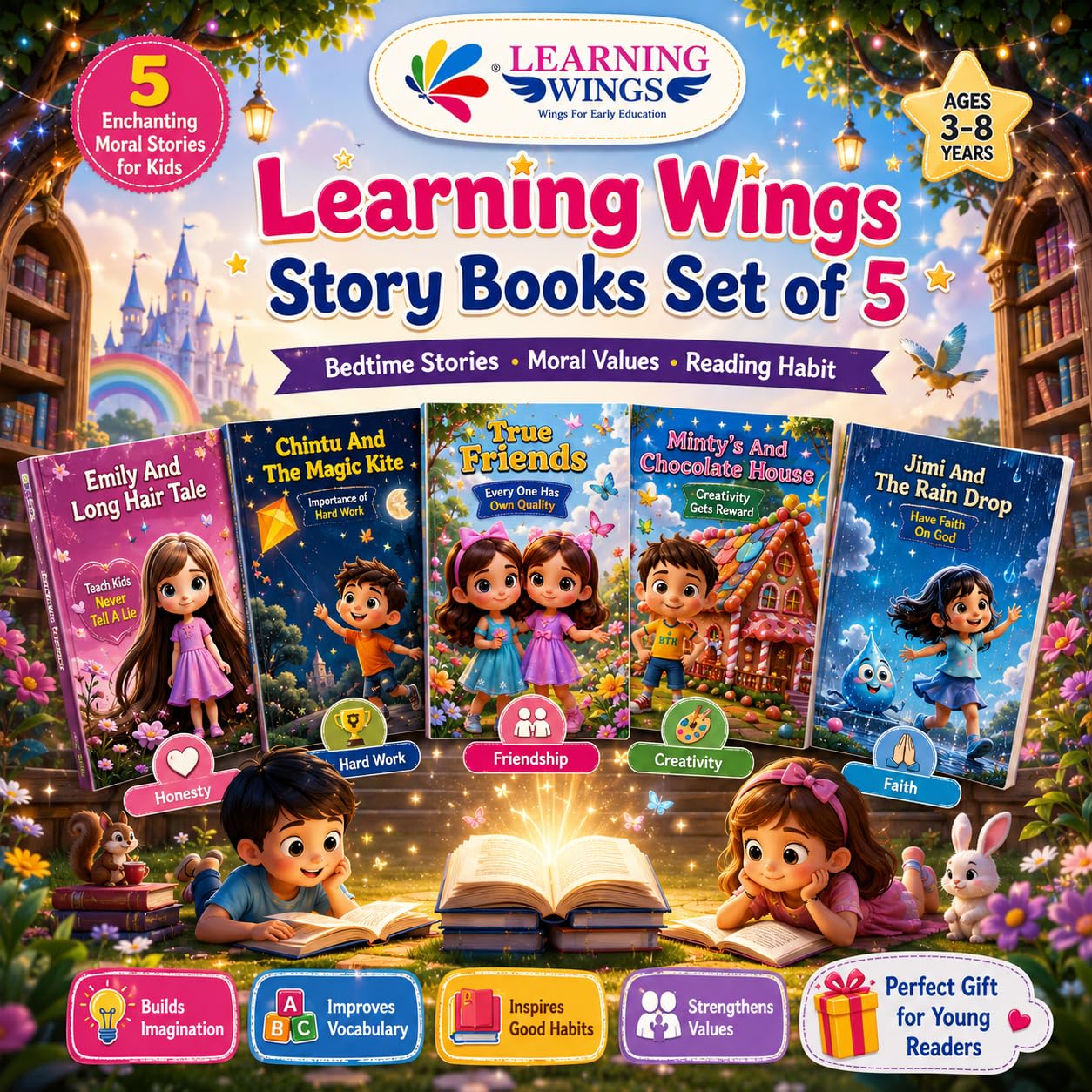 Children's Story Books Set of 5, Chintu and The Magic Kite, True Friends, Emily and Long Hair Tale