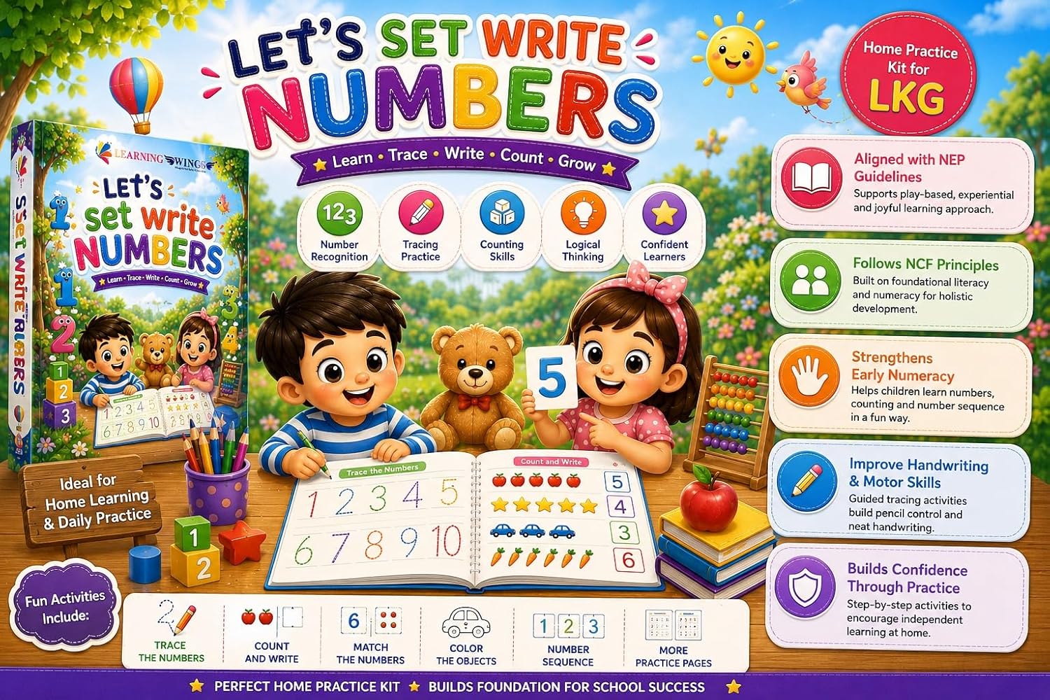 Let's Set Write Numbers, Home Practice Kit for LKG, Number Recognition, Tracing & Counting Skills