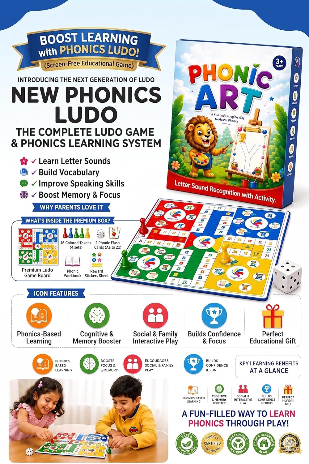 Phonics Ludo Game for Kids 3-7 Years | Learn Phonics, Letter Sounds, Blending, Reading & Vocabulary Through Play | Educational Board Game | Screen-Free Learning Toy