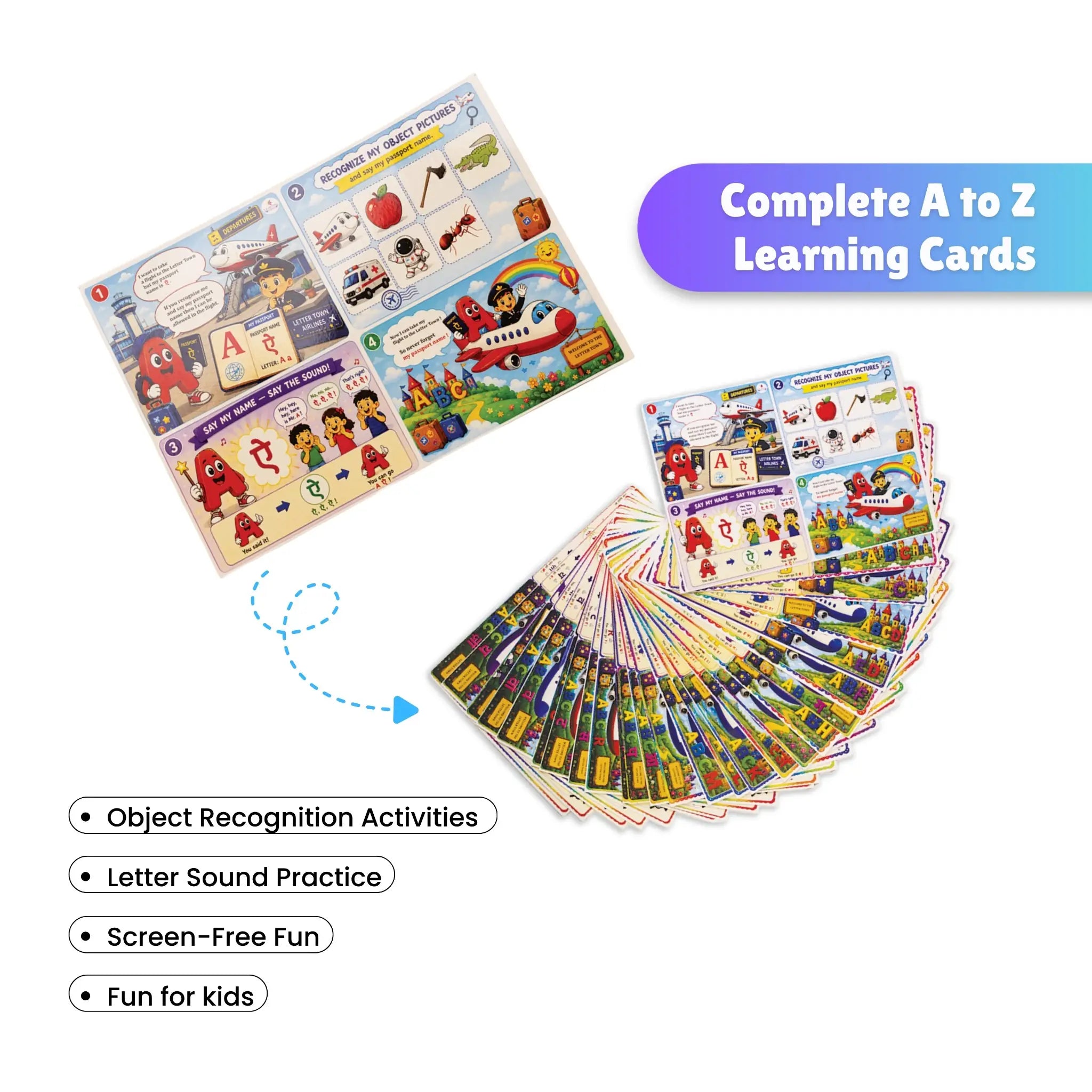 Set of educational learning cards with colorful illustrations and text on a white background.