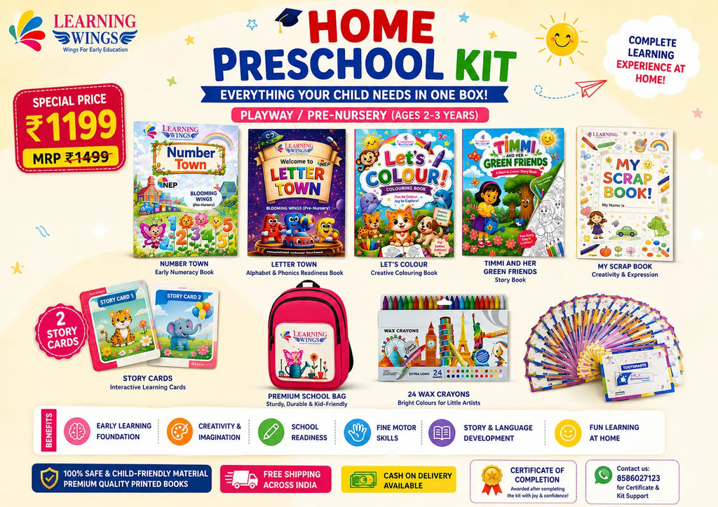 A promotional collage for a children's home preschool kit by Learning Wings, showing multiple colorful book covers, a pink backpack, story cards, a 24-wax crayon set, and several feature icons on a light cream background.