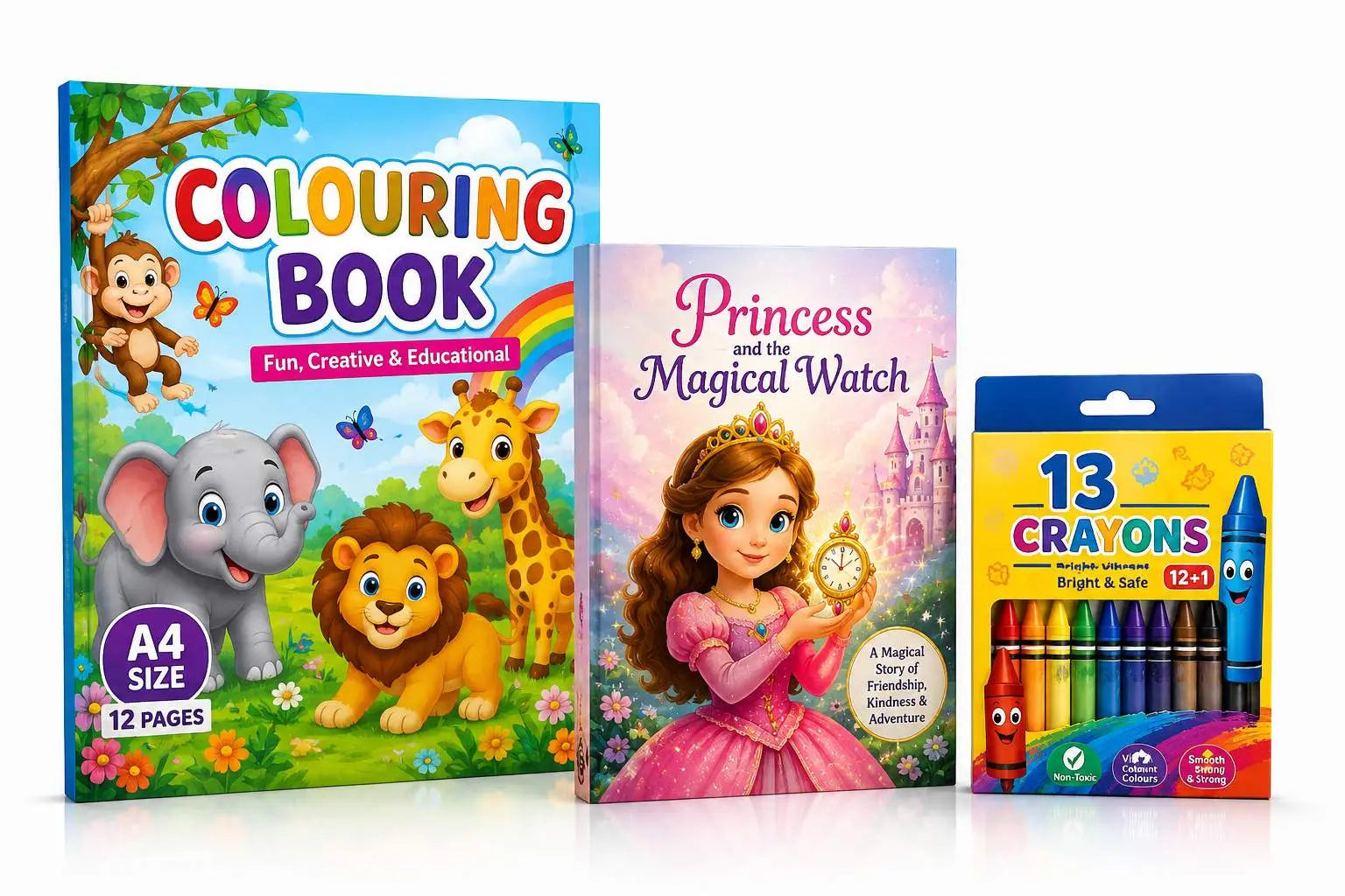 Children's coloring book, Princess book, and crayons on a white background