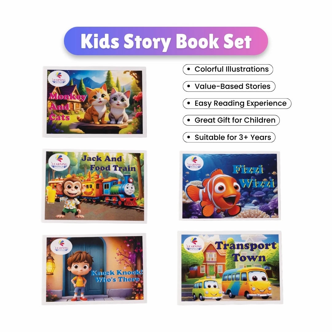 Learning Wings Kids Story Book Set of 5 for Children 3+ featuring colourful illustrations, value-based stories, easy reading, and educational learning.