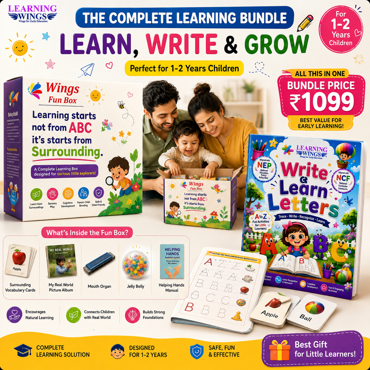 Toddler Complete Kit | Wings Fun Box + Write & Learn Letters Book | Early Learning for Toddlers 1-3 Years