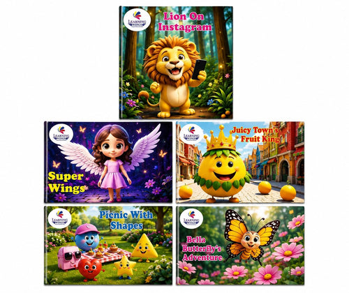 Collection of colorful children's books with various characters and titles.