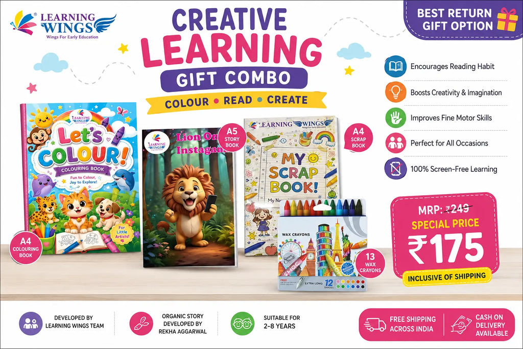 Learning Wings Creative Learning Gift Combo with A4 Colouring Book, A5 Lion on Instagram Story Book, A4 Scrap Book and 13 Wax Crayons – Best Return Gift for Kids 2–8 Years