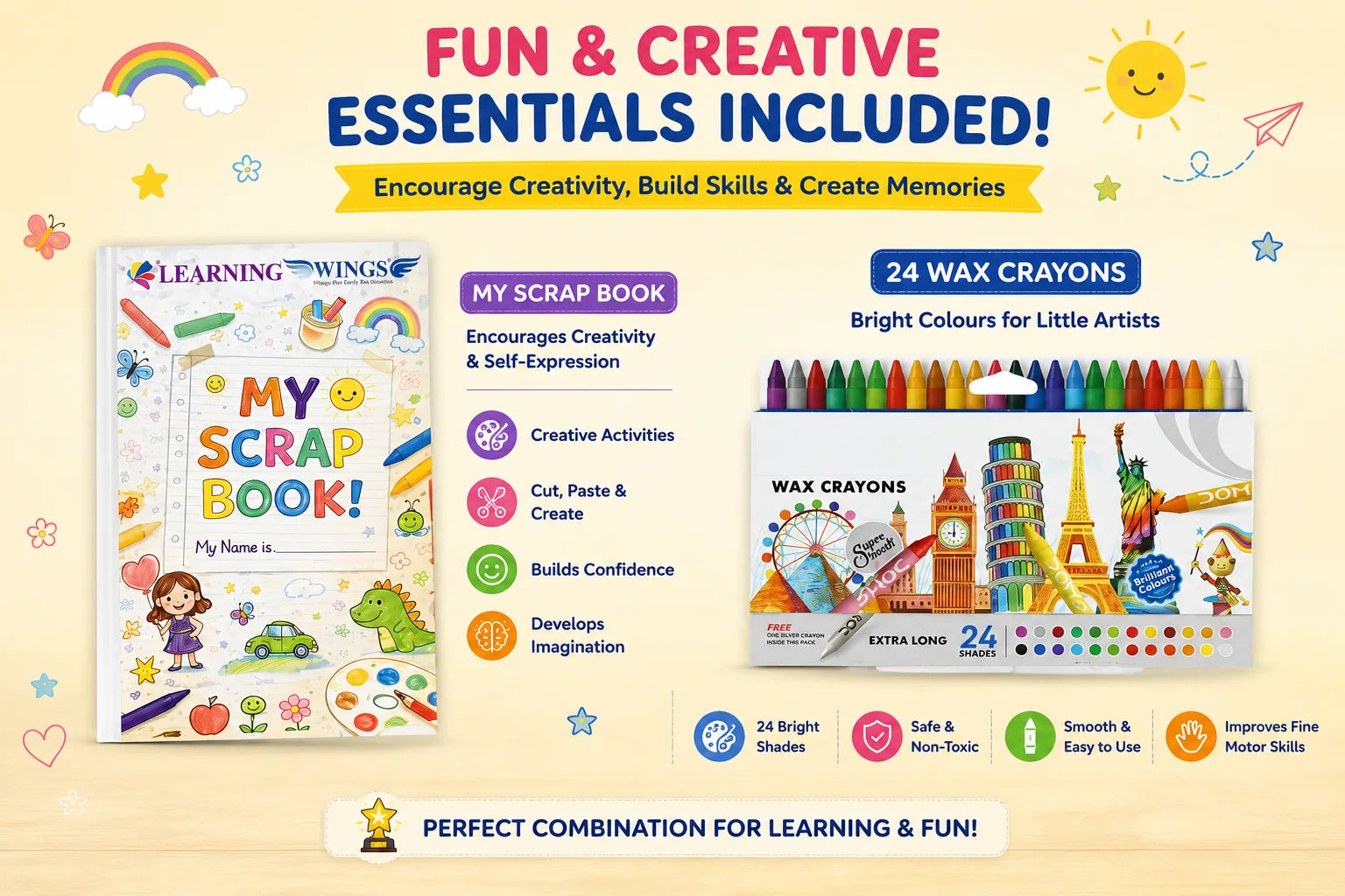 A promotional product graphic for a children's learning set featuring a colorful 'My Scrap Book' book and a box of 24 wax crayons. The image includes decorative illustrations of a sun, rainbows, stars, and hearts on a pale yellow background, with text highlighting creative and educational benefits.
