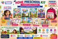 A colorful promotional collage for a Learning Wings Home Preschool Kit for Nursery age 3-4 years. The image features a young girl smiling on the left, a pink school bag, and multiple educational book and activity book covers arranged in the center and bottom, including Let's Colour, Phonics AR, Let's Walk Numbers, Scramble Spoon, Dream of Veggie Friendship, Lumi and the Running Clock, and 26 Alphabet cards.