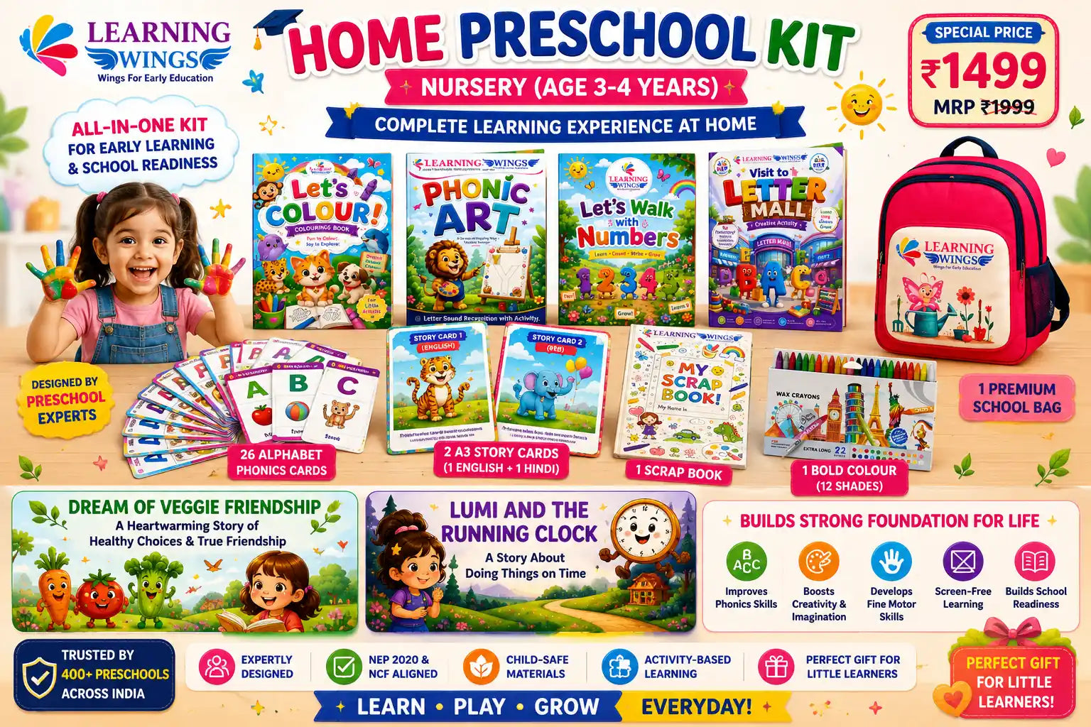 A colorful promotional collage for a Learning Wings Home Preschool Kit for Nursery age 3-4 years. The image features a young girl smiling on the left, a pink school bag, and multiple educational book and activity book covers arranged in the center and bottom, including Let's Colour, Phonics AR, Let's Walk Numbers, Scramble Spoon, Dream of Veggie Friendship, Lumi and the Running Clock, and 26 Alphabet cards.