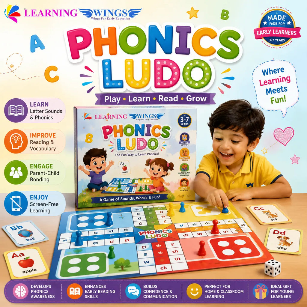 Learning Wings Phonics Ludo game with a child playing on a wooden table