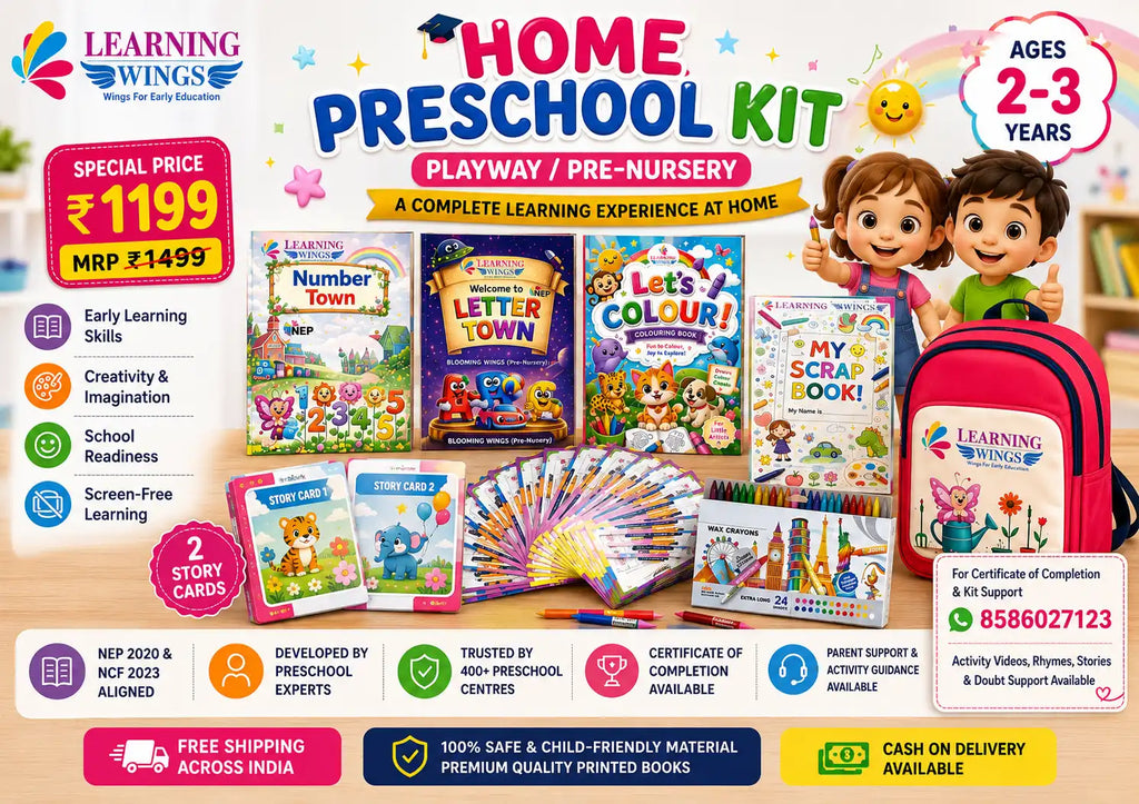 Promotional graphic for a Learning Wings Home Preschool Kit, showing a bundle of children's books, story cards, a backpack, and an activity sheet on a colorful background with age and price callouts.