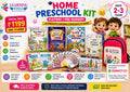 Promotional graphic for a Learning Wings Home Preschool Kit, showing a bundle of children's books, story cards, a backpack, and an activity sheet on a colorful background with age and price callouts.