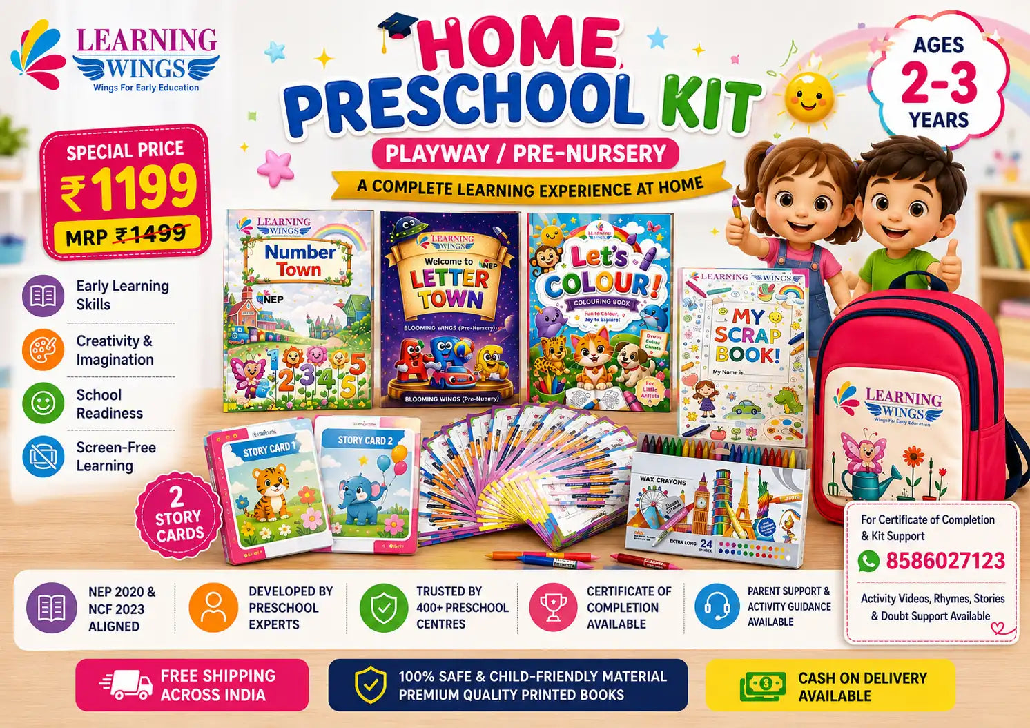 Promotional graphic for a Learning Wings Home Preschool Kit, showing a bundle of children's books, story cards, a backpack, and an activity sheet on a colorful background with age and price callouts.