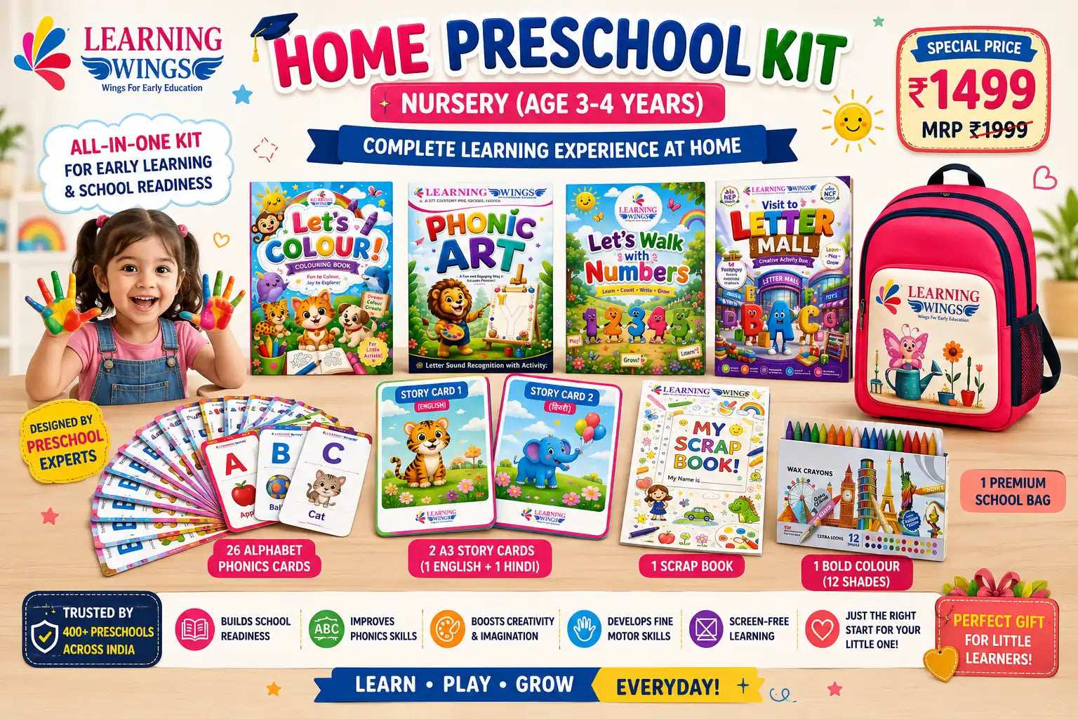 Promotional collage for a Learning Wings Home Preschool Kit, showing a young girl with colorful hands, multiple children's books, a pink school bag, alphabet cards, story cards, a scrap book, crayons, and other learning accessories on a bright pastel background.