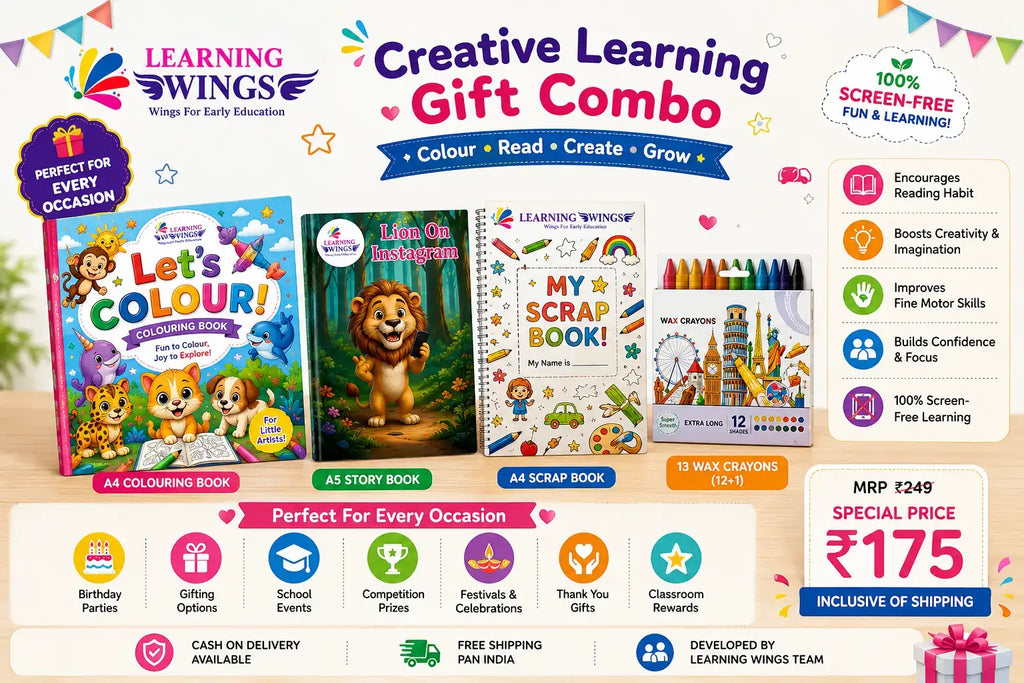 Learning Wings Creative Learning Gift Combo | Includes A4 Colouring Book, A5 Lion on Instagram Story Book, A4 Scrap Book & 13 Wax Crayons | Perfect for Birthday Gifts, School Events, Classroom Rewards, Competition Prizes & Kids 2–8 Years | Free Shipping & COD Available