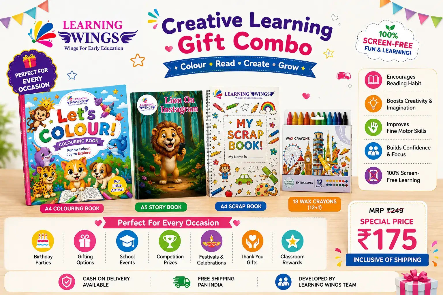 Learning Wings Creative Learning Gift Combo | Includes A4 Colouring Book, A5 Lion on Instagram Story Book, A4 Scrap Book & 13 Wax Crayons | Perfect for Birthday Gifts, School Events, Classroom Rewards, Competition Prizes & Kids 2–8 Years | Free Shipping & COD Available