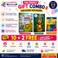 A promotional collage for a Learning Wings gift combo, featuring a children's colouring book, an A5 story book, and a pack of 13 crayons, with text offering 10+2 free items and franchise details.