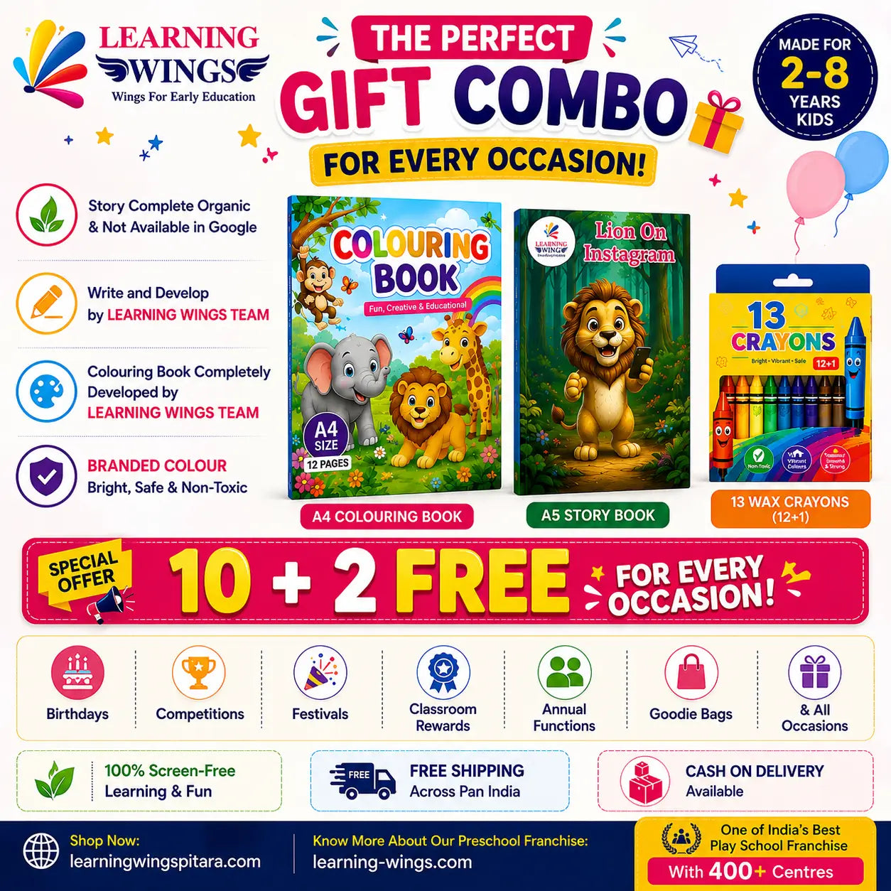 A promotional collage for a Learning Wings gift combo, featuring a children's colouring book, an A5 story book, and a pack of 13 crayons, with text offering 10+2 free items and franchise details.