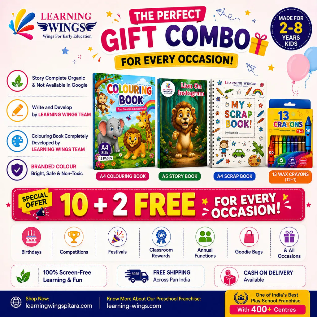 Promotional banner for a Learning Wings gift combo pack, featuring a 10-pack of books and 2 packs of crayons with a 'Made for 2-8 years kids' badge and various feature icons.