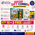 Promotional banner for a Learning Wings gift combo pack, featuring a 10-pack of books and 2 packs of crayons with a 'Made for 2-8 years kids' badge and various feature icons.