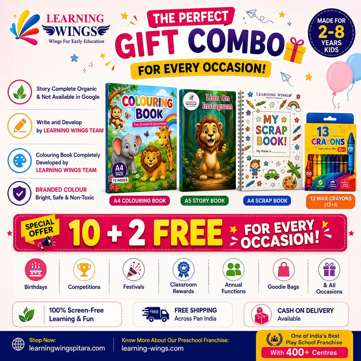 Promotional banner for a Learning Wings gift combo pack, featuring a 10-pack of books and 2 packs of crayons with a 'Made for 2-8 years kids' badge and various feature icons.