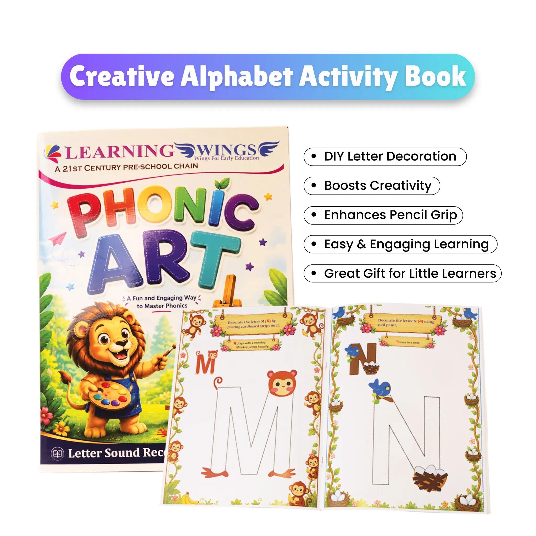 Learning Wings Phonic Art activity book with colorful design and animal illustrations on a white background.