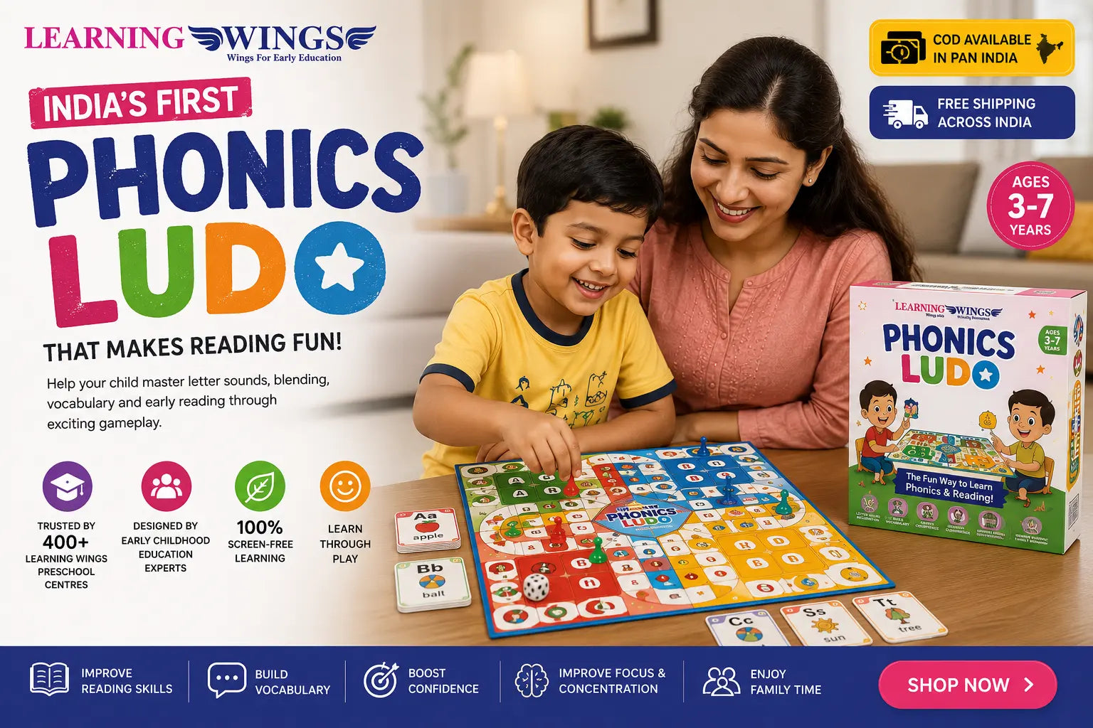 Woman and child playing a Phonics Ludo game with Learning Wings branding.