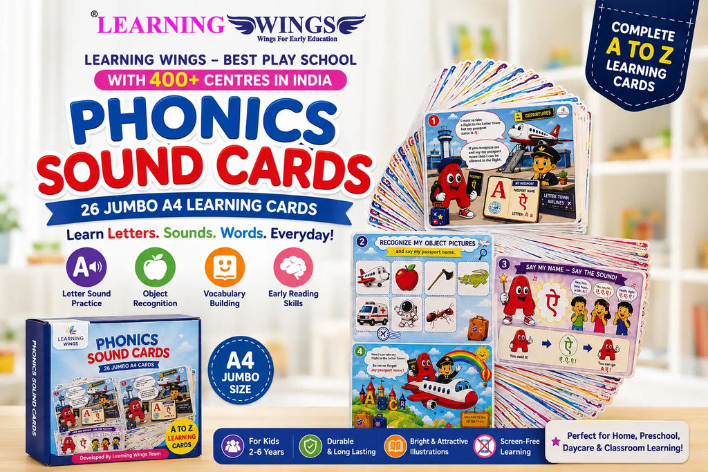 Learning Wings Phonics Sound Cards play set shown with multiple colorful A4 cards, a boxed set, and promotional text on a bright indoor background. The packaging and cards feature multicolor illustrations and text for letter, sound, and early reading learning.