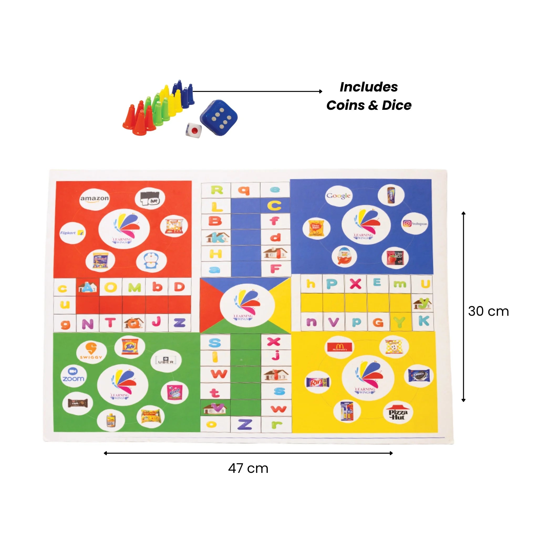 Educational board with colorful squares featuring letters and symbols, accompanied by coins and dice.