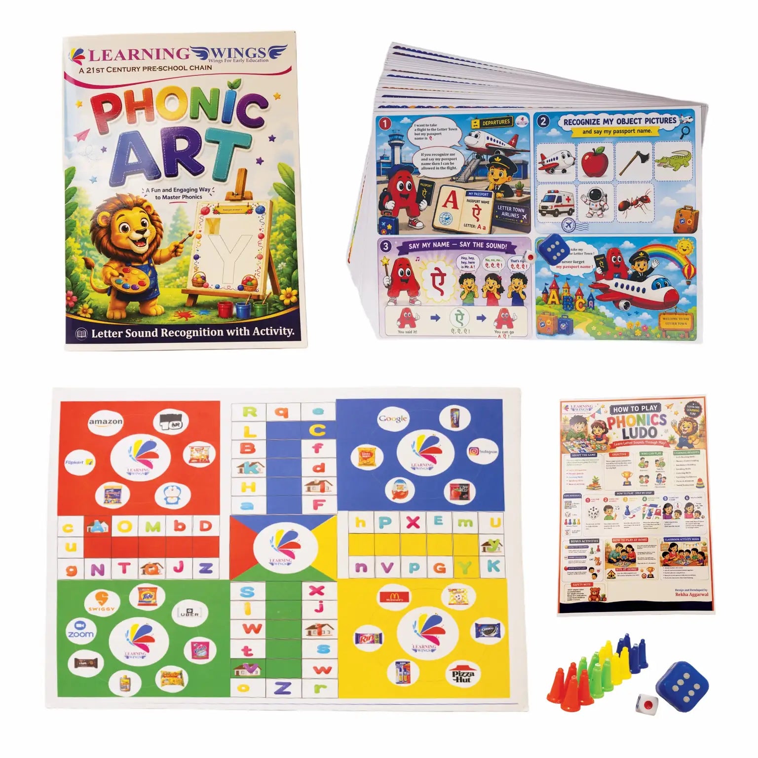 Educational materials including a book titled 'Phonic Art' and various posters with educational content on a white background.