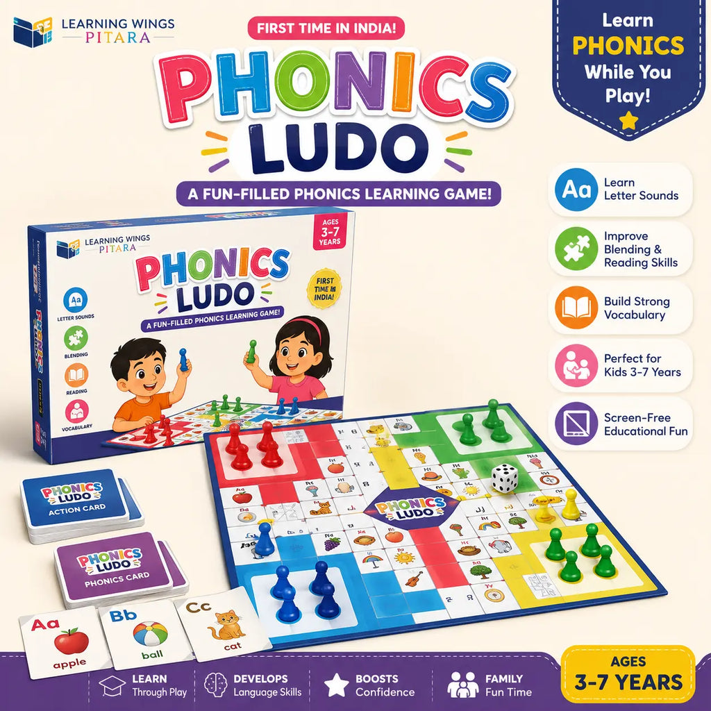 Phonics Ludo game set with packaging and components on a light background