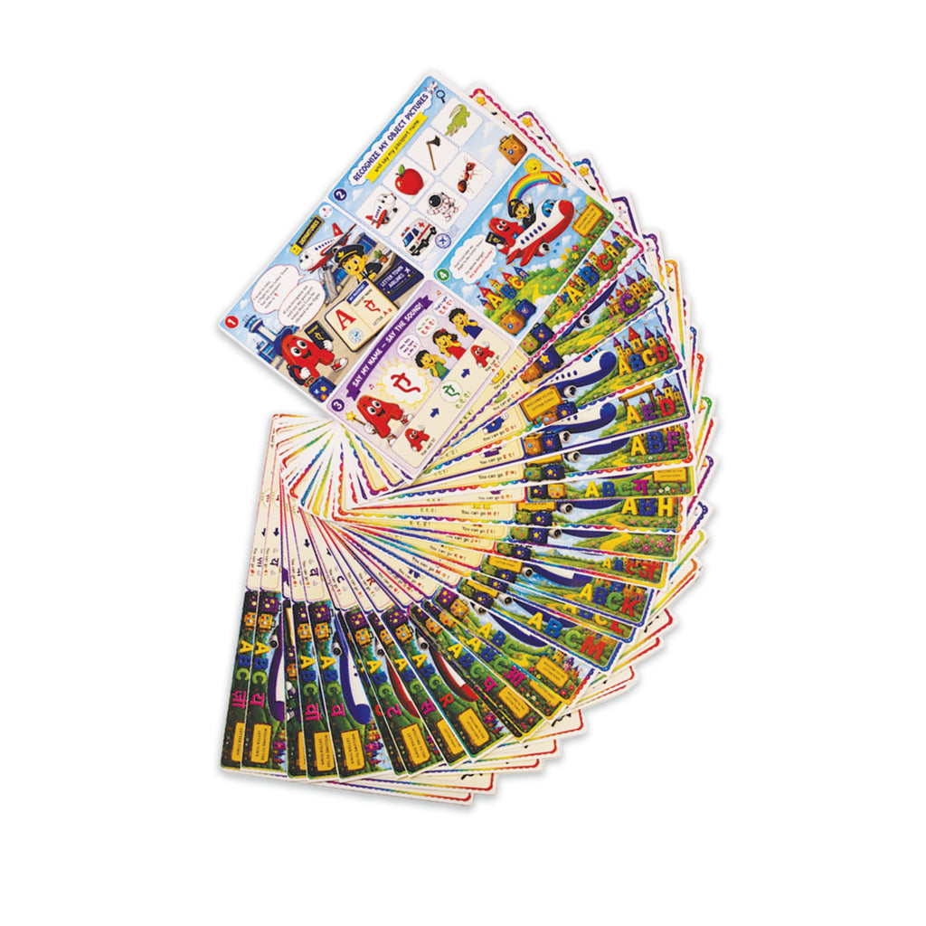 Set of colorful children's educational cards fanned out on a white background