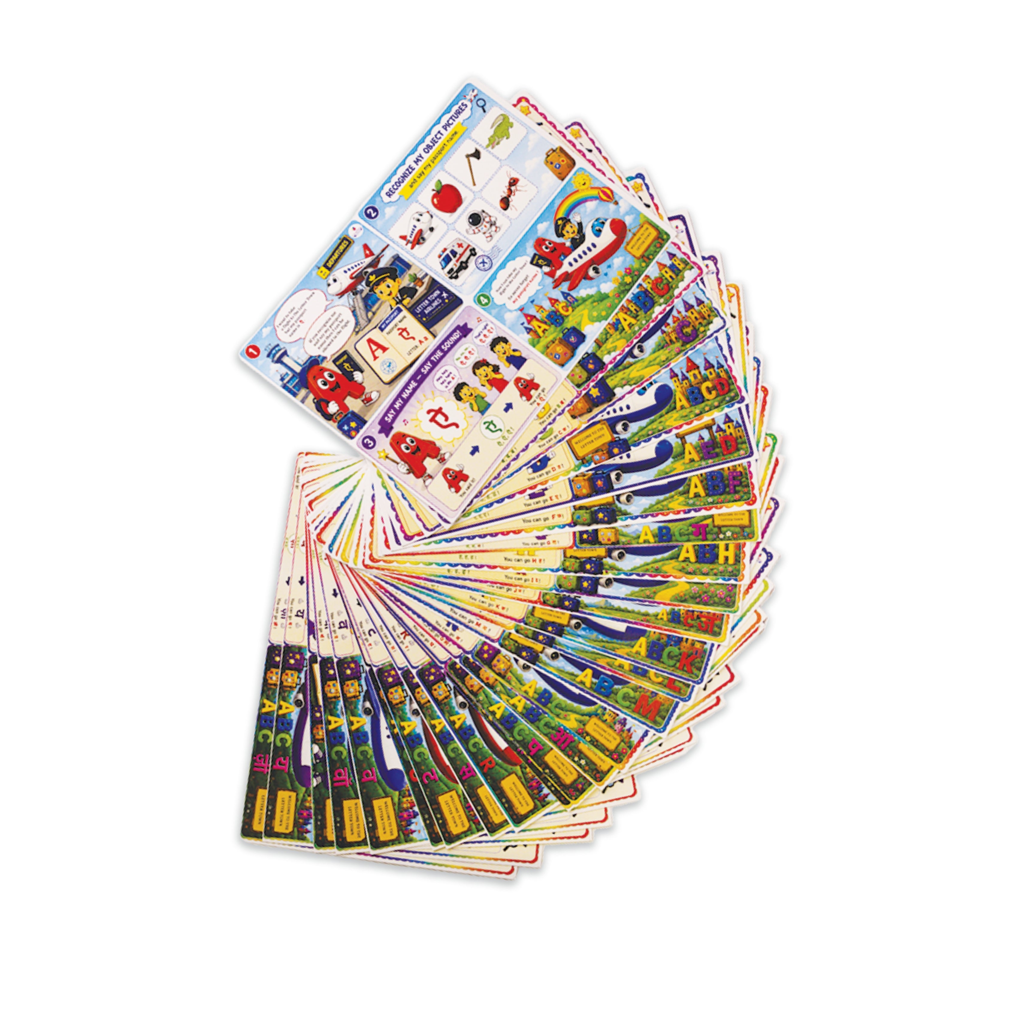 Set of colorful children's educational cards fanned out on a white background
