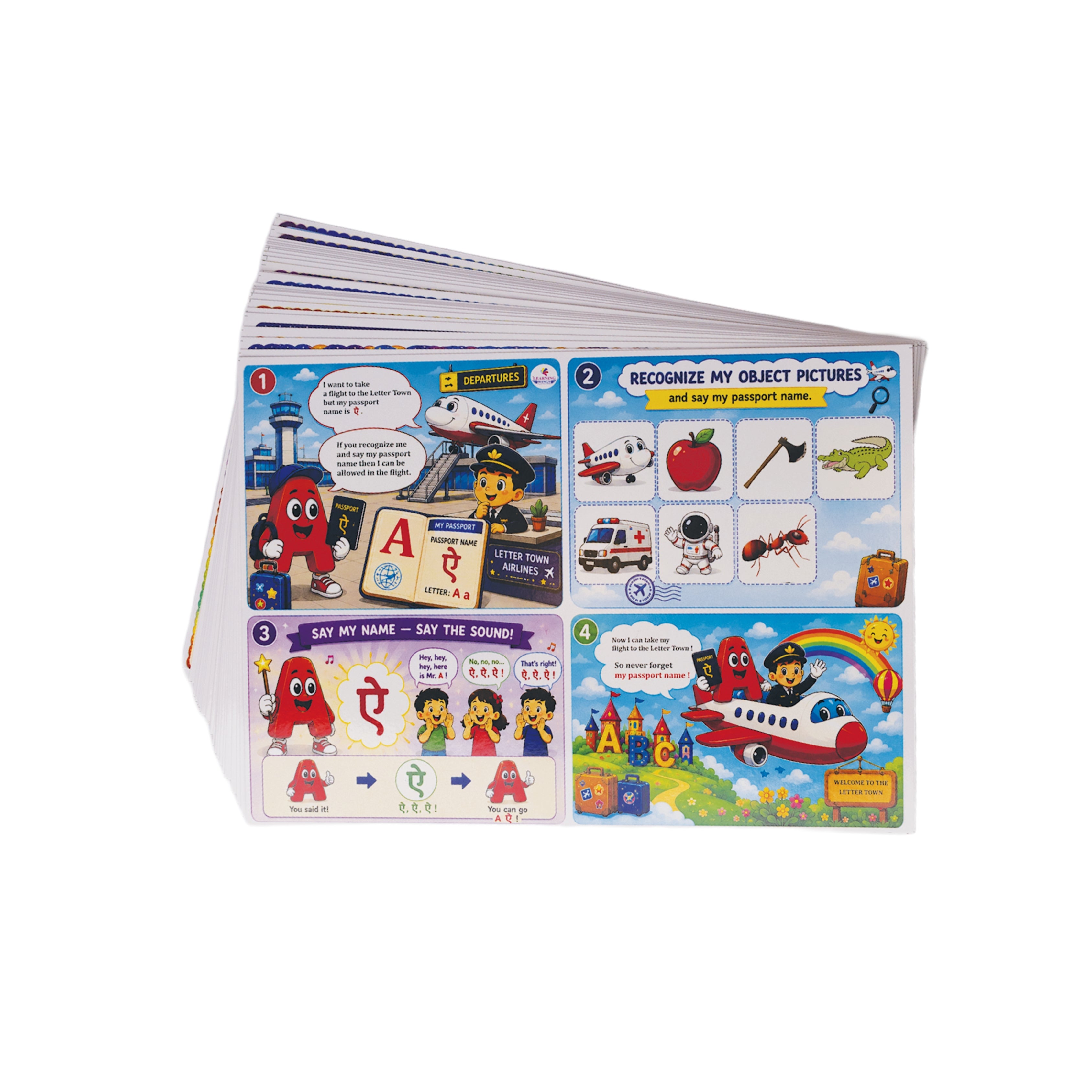 Educational children's book with colorful pages on a white background