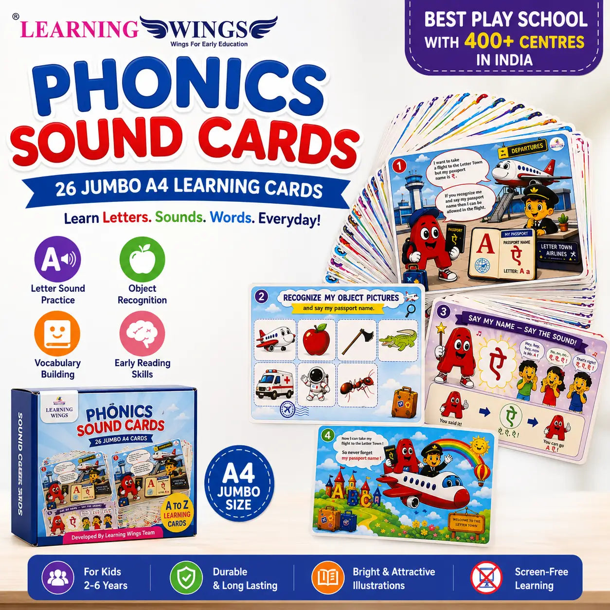 Learning Wings Jumbo Phonics Sound Cards (A4 Size) | 26 Alphabet Sound Activity Cards for Kids | Preschool Learning Flash Cards | Age 2–6 Years