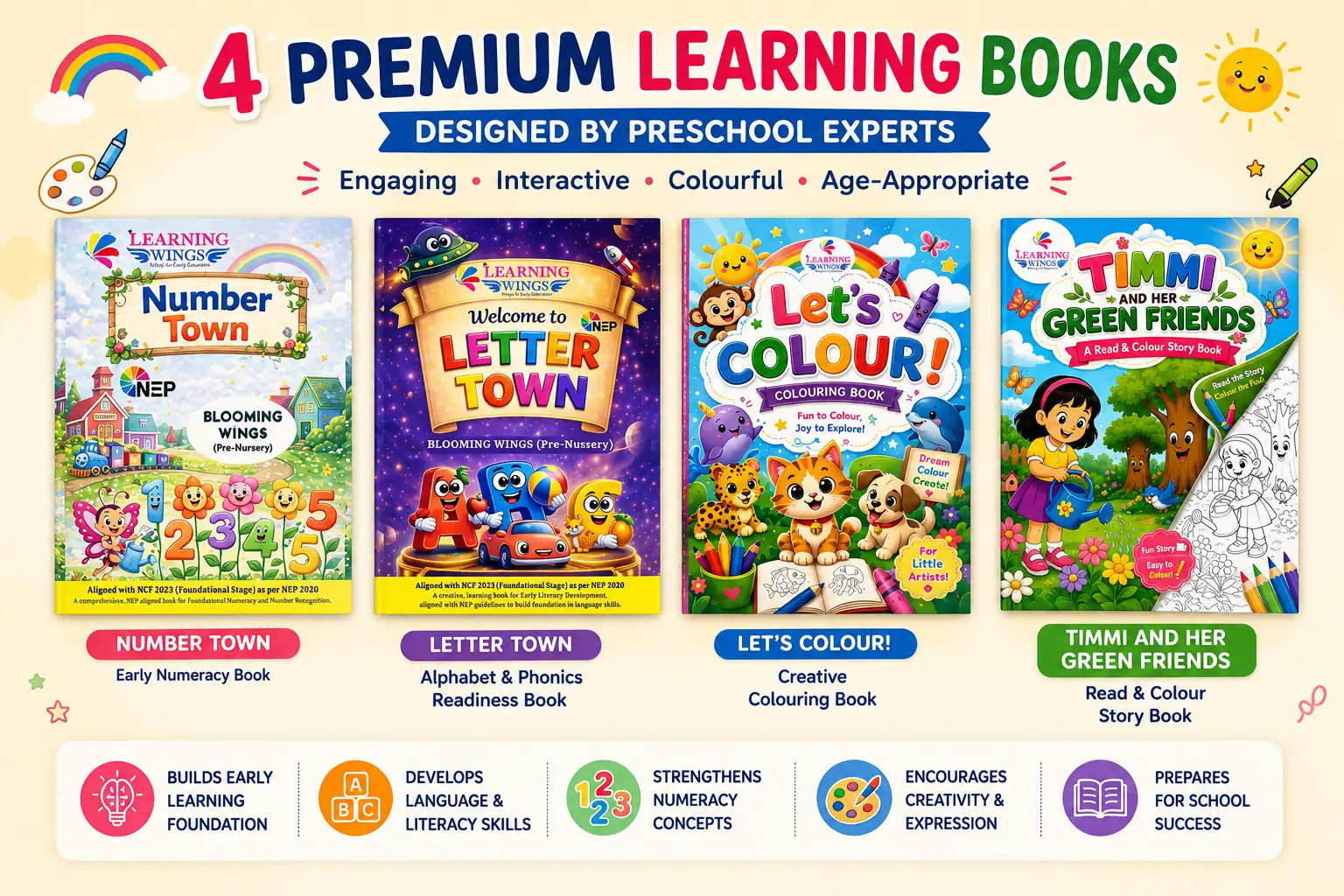 Promotional graphic for four premium children's learning books: Number Town, Letter Town, Let's Colour!, and Timmi and Her Green Friends. The image shows colorful book covers, playful illustrations, and text highlighting engaging, interactive, colorful, and age-appropriate design.