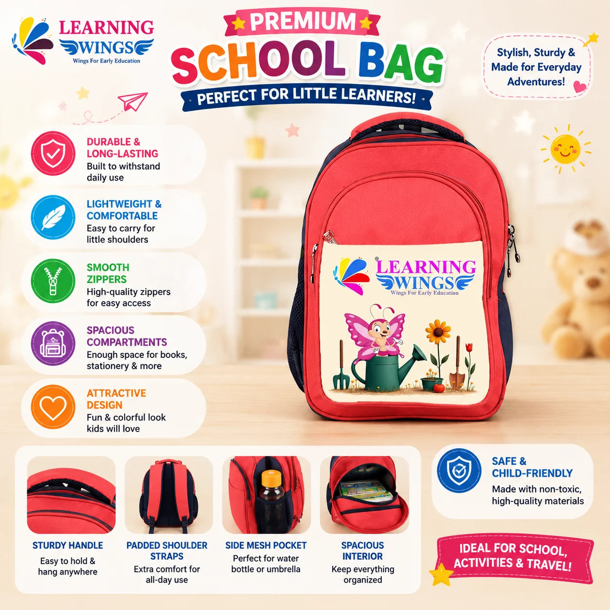 A red and navy blue Learning Wings Premium School Bag with a colorful cartoon butterfly graphic on the front pocket, presented on a light beige background with feature callouts and product detail thumbnails.