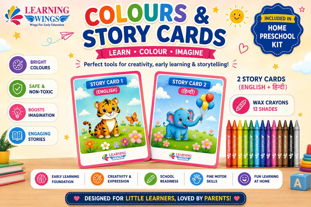 Promotional graphic for a Learning Wings 'Colours & Story Cards' home preschool kit, showing two sample story cards with cartoon animals, a row of crayons, and feature icons on a light beige background.