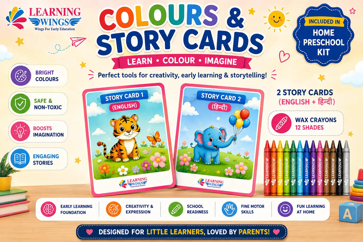 Promotional graphic for a Learning Wings 'Colours & Story Cards' home preschool kit, showing two sample story cards with cartoon animals, a row of crayons, and feature icons on a light beige background.