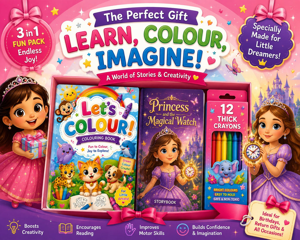 Let's Colour! Kids Creative Combo – Colouring Book (A4, 12 Pages) + Story Book (A5) + 13 Crayons | Organic & Screen-Free | Age 2–8 Years